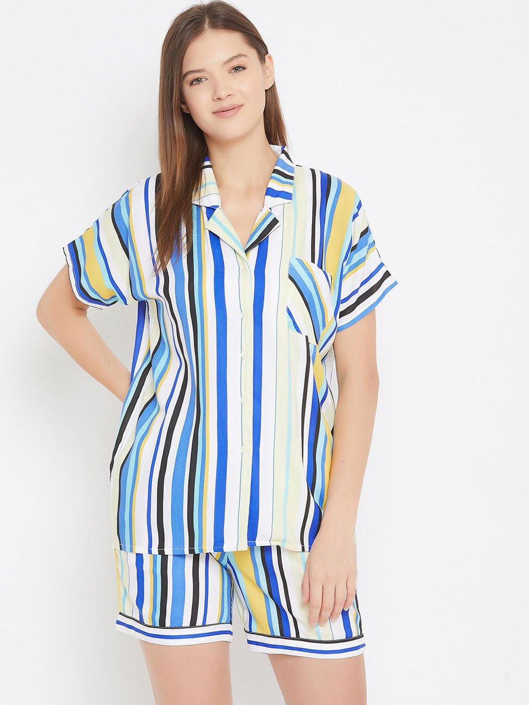 The Kaftan Company Women Striped Lapel Collar Modal Shirt With Shorts