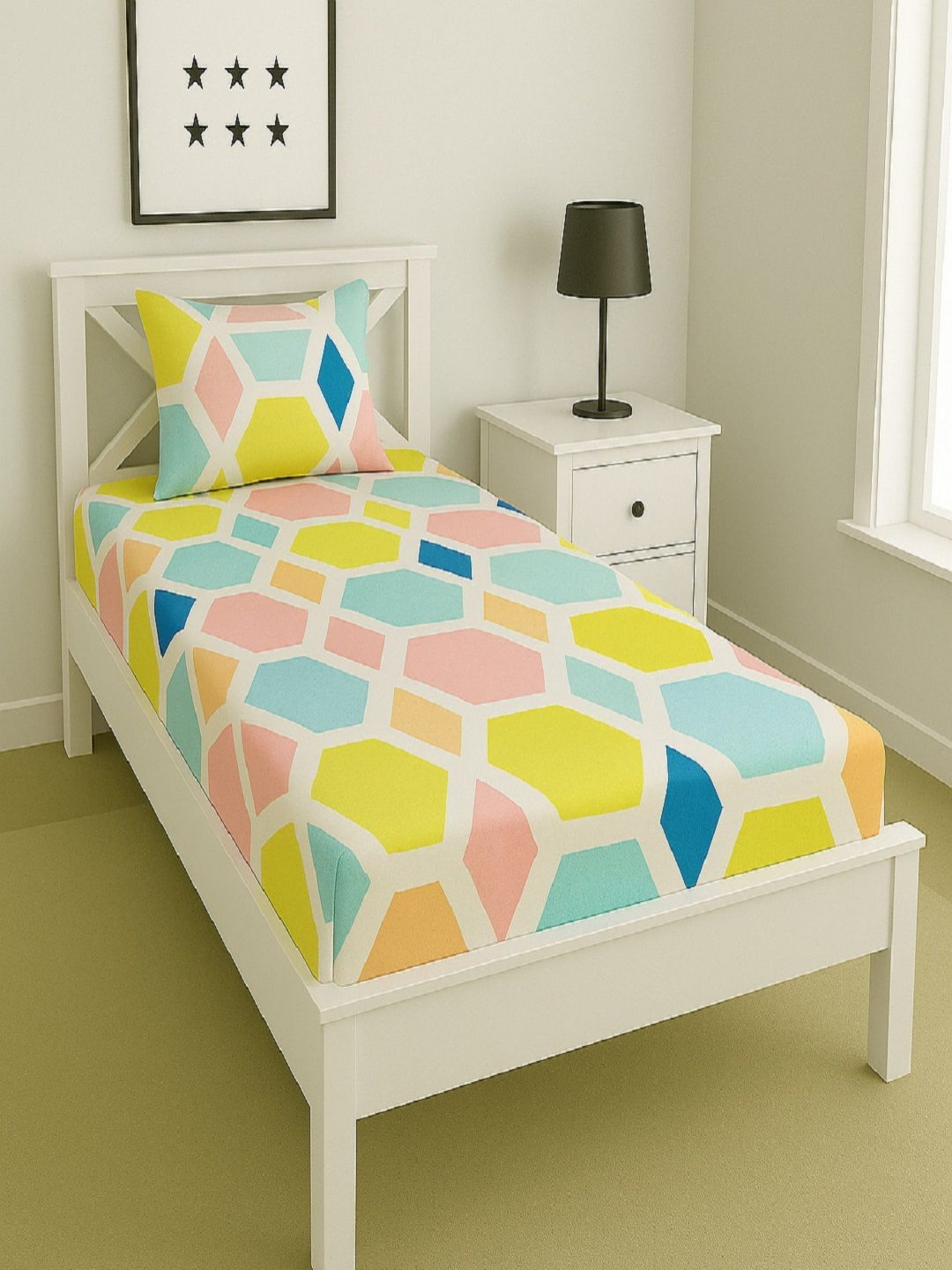 Aura Pink & Yellow Geometric Printed 144 TC Microfiber Single Bedsheet Set 1.52 m x 2.28 m
