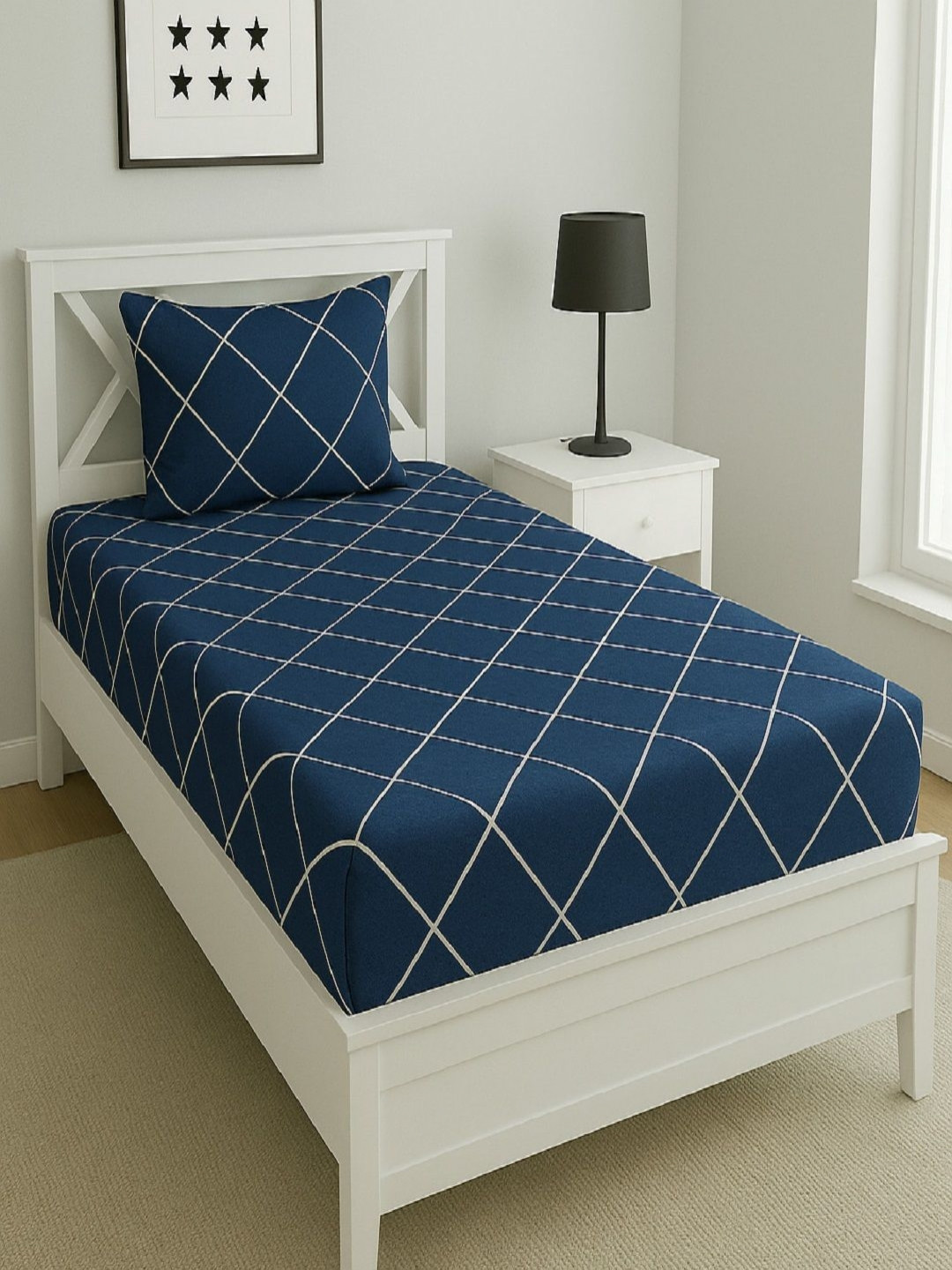Aura Blue & White Geometric Printed 144 TC Microfiber Single Bedsheet Set 1.52 m x 2.28 m