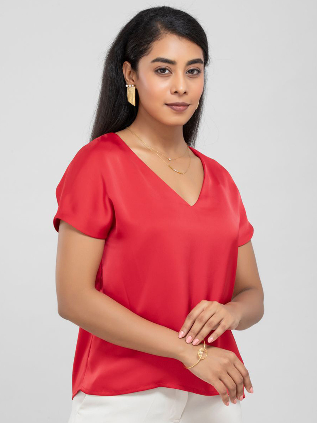 D'Almirah Women Satin V-Neck Short Sleeves Regular Top