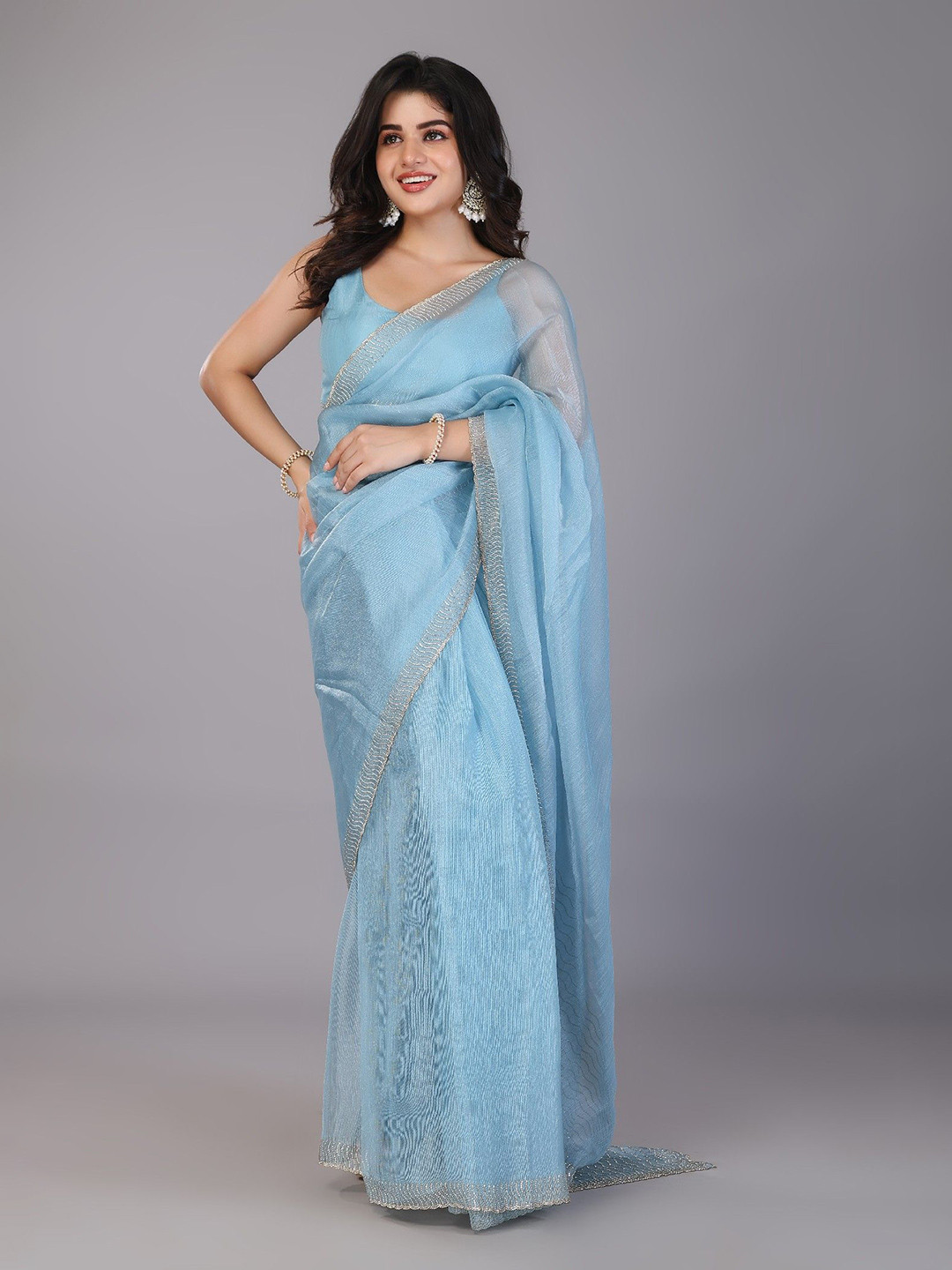 KIYAA FASHION Stonework Embellished Beads Border Tissue Saree With Unstitched Blouse