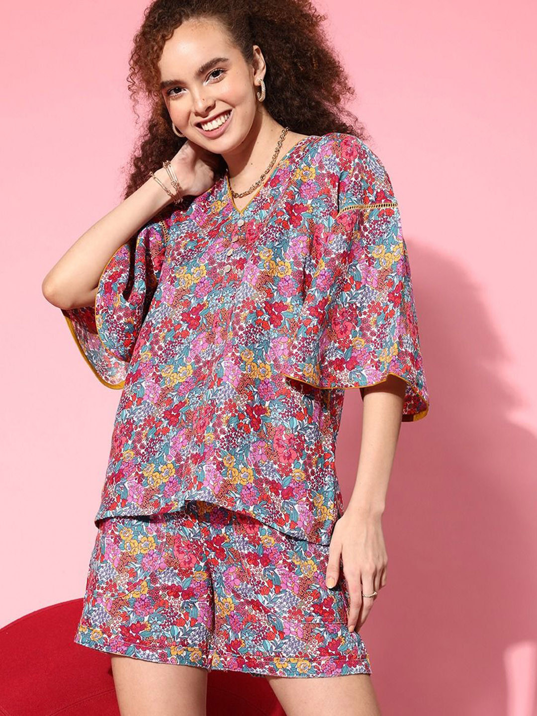 The Kaftan Company Women Floral Printed Shorts and Top Night suit