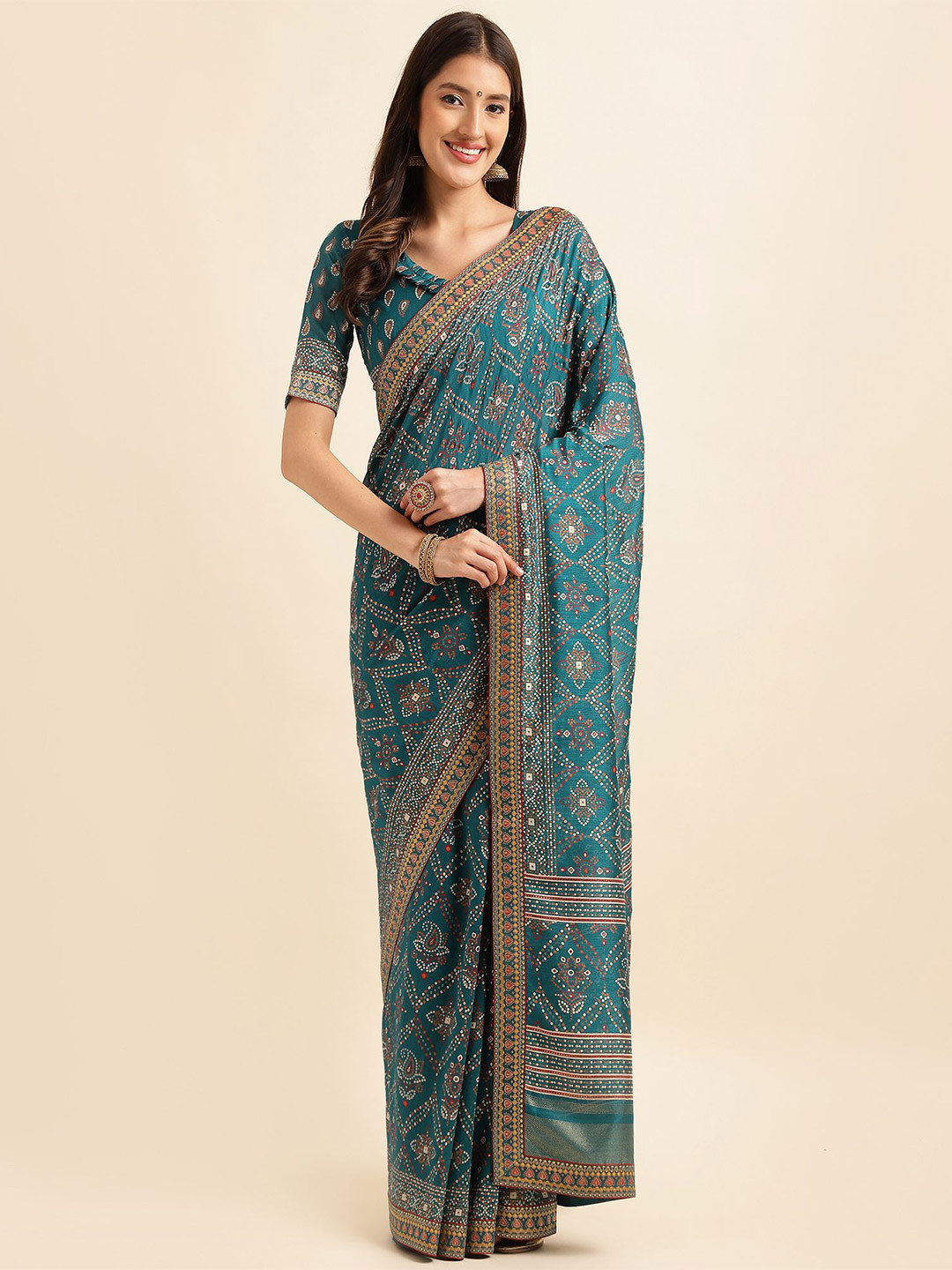 HERE&NOW Firozi Ethnic Motif Printed Jacquard Border Saree