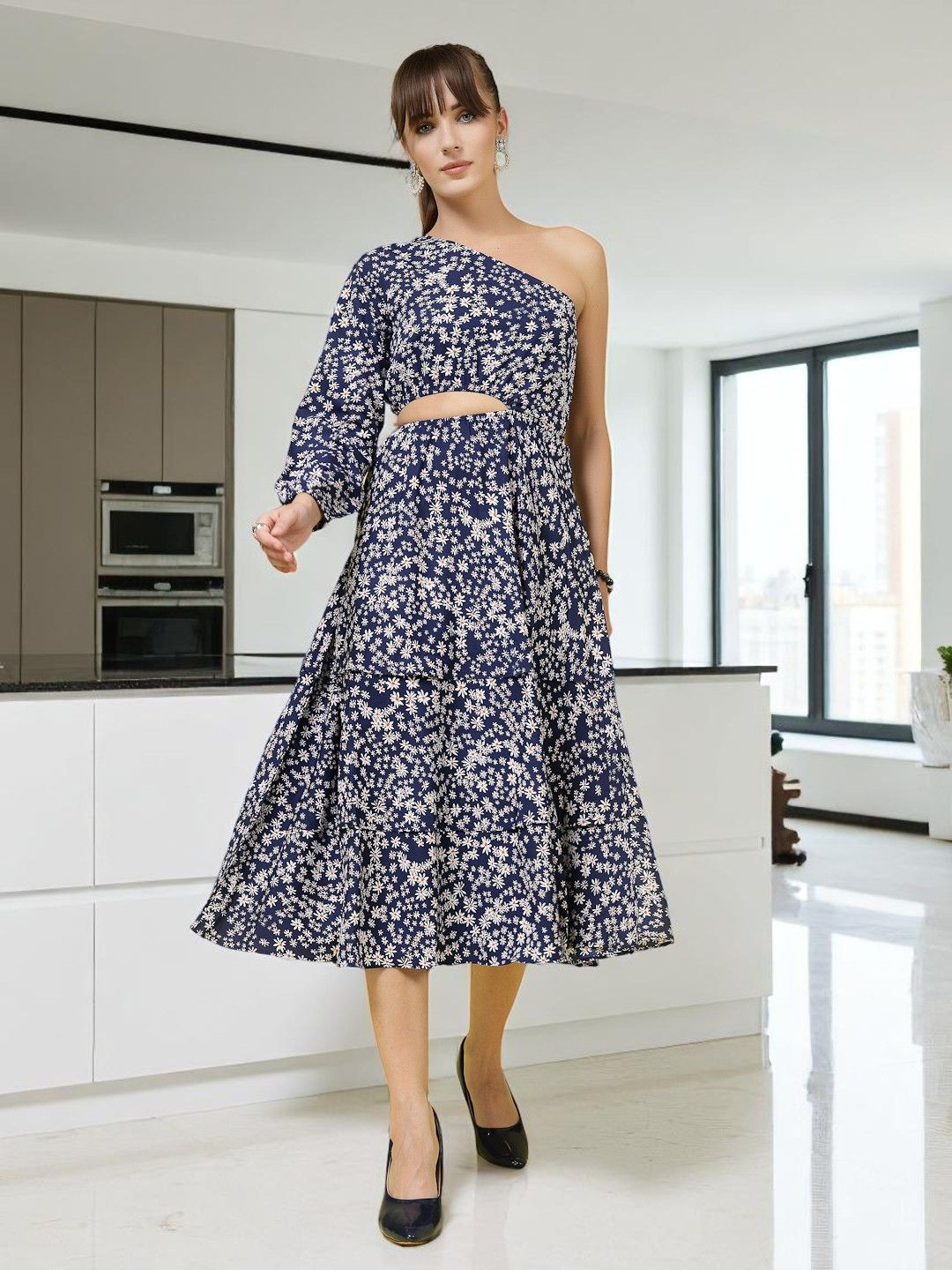 OOMPH! FACTOR Floral Print Cold-Shoulder Crepe A-Line Midi Dress