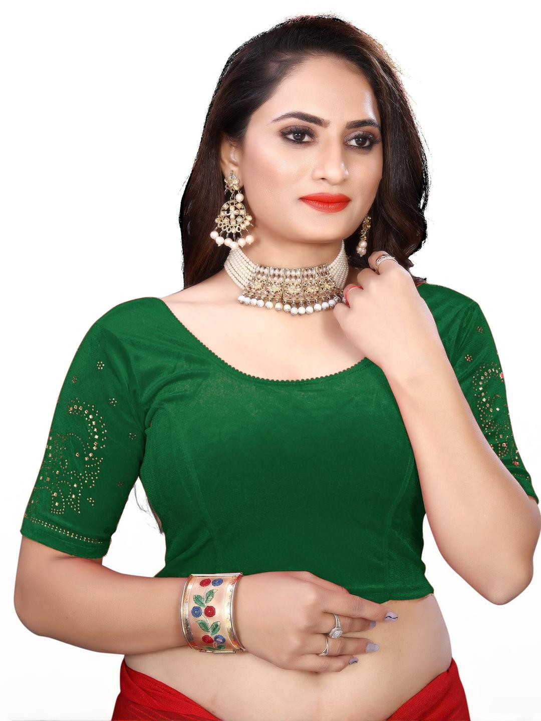 PU FASHION Women Green Velvet Saree Blouse