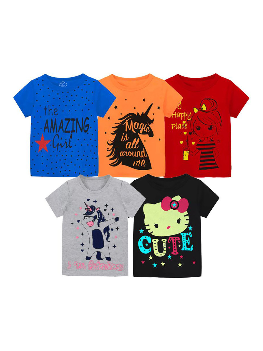 MIST N FOGG Girls Pack of 5 Hello Kitty Graphic Printed Round Neck Cotton T-shirts