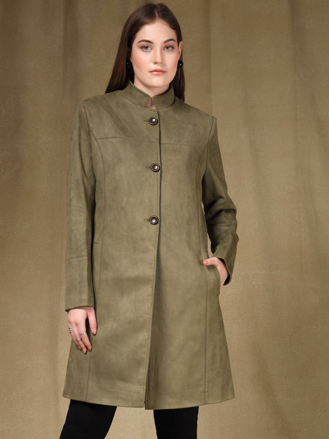 Juelle Women Mock Neck Stylished Woollen Longline Overcoat