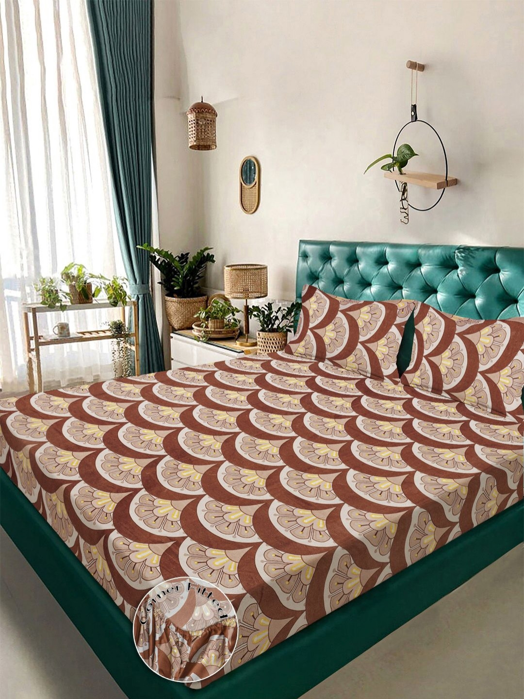 Myntra Elegant Homes Brown & Beige Floral 300TC Fitted Double King Bedsheet Set-2.5mX2.25m