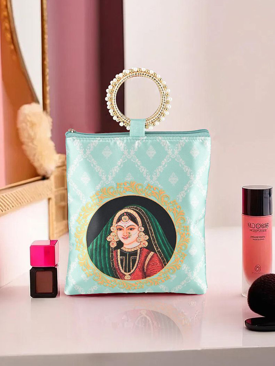 Kuber Industries Maharani Printed Silk Pearls Beaded Handle Purse Clutch