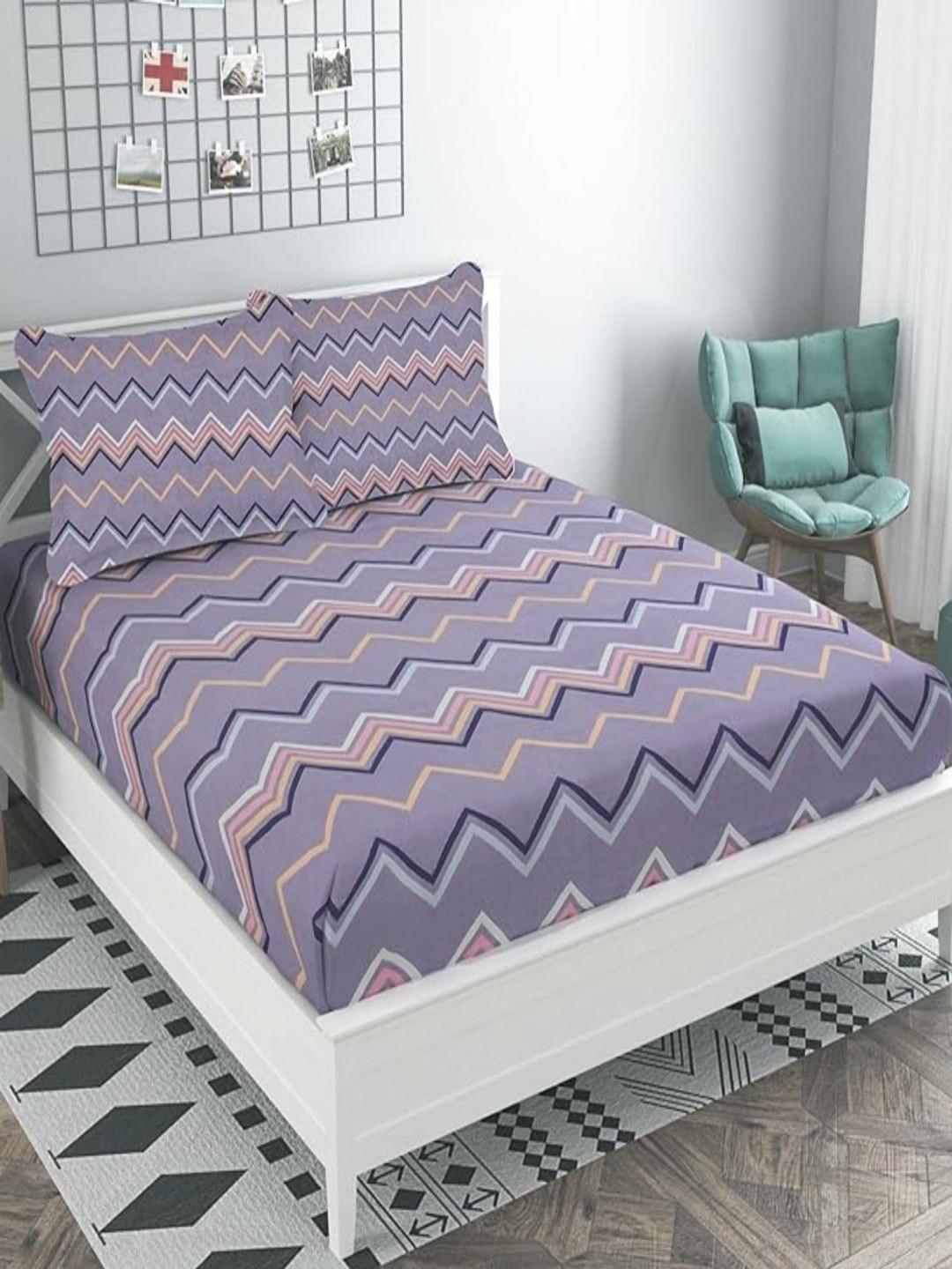 GADDA CO Purple & Pink Striped Premium 250 TC King Bedsheet With 2 Covers - 1.98m x 1.82 m