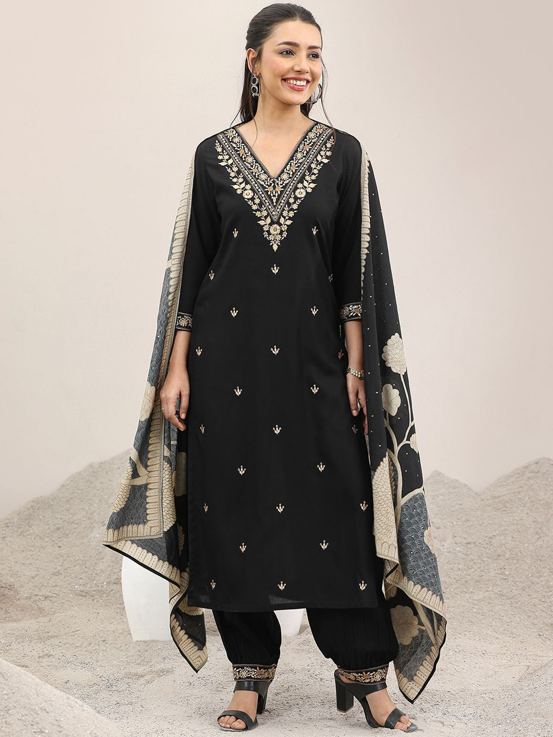 Libas Floral Embroidered V-Neck Straight Kurta With Salwar And Dupatta