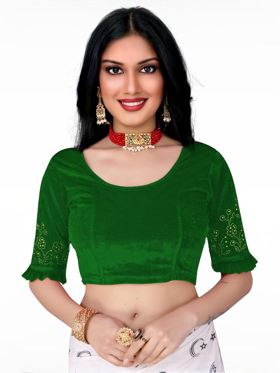 PU FASHION Women Velvet Green Saree Blouse