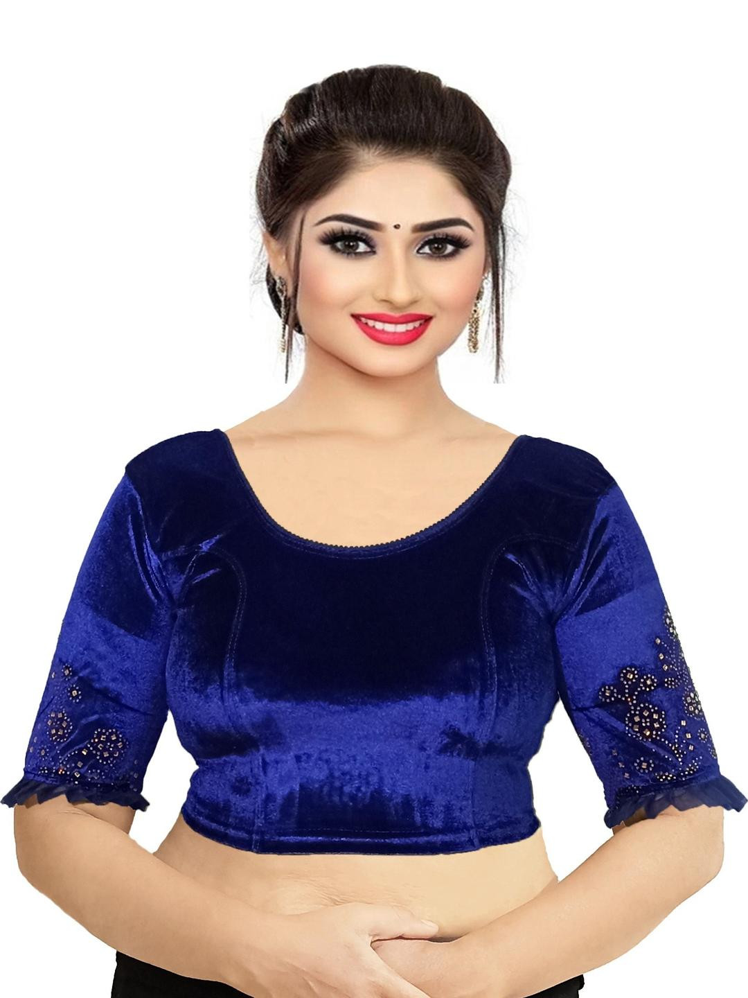 PU FASHION Women Blue Round Neck Saree Blouse