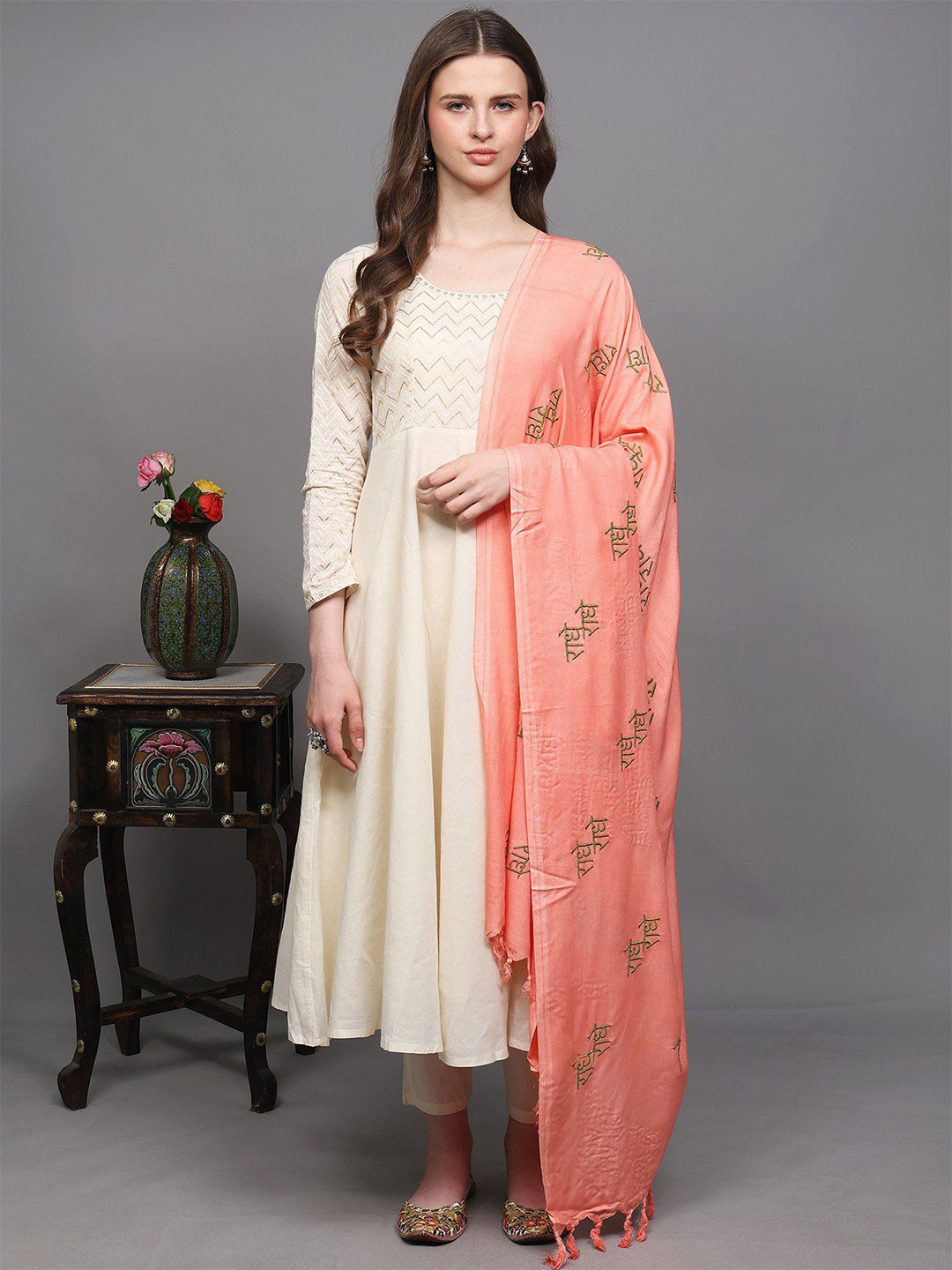 Exotic India Radhe Radhe Prayer Stole With Thread Embroidery