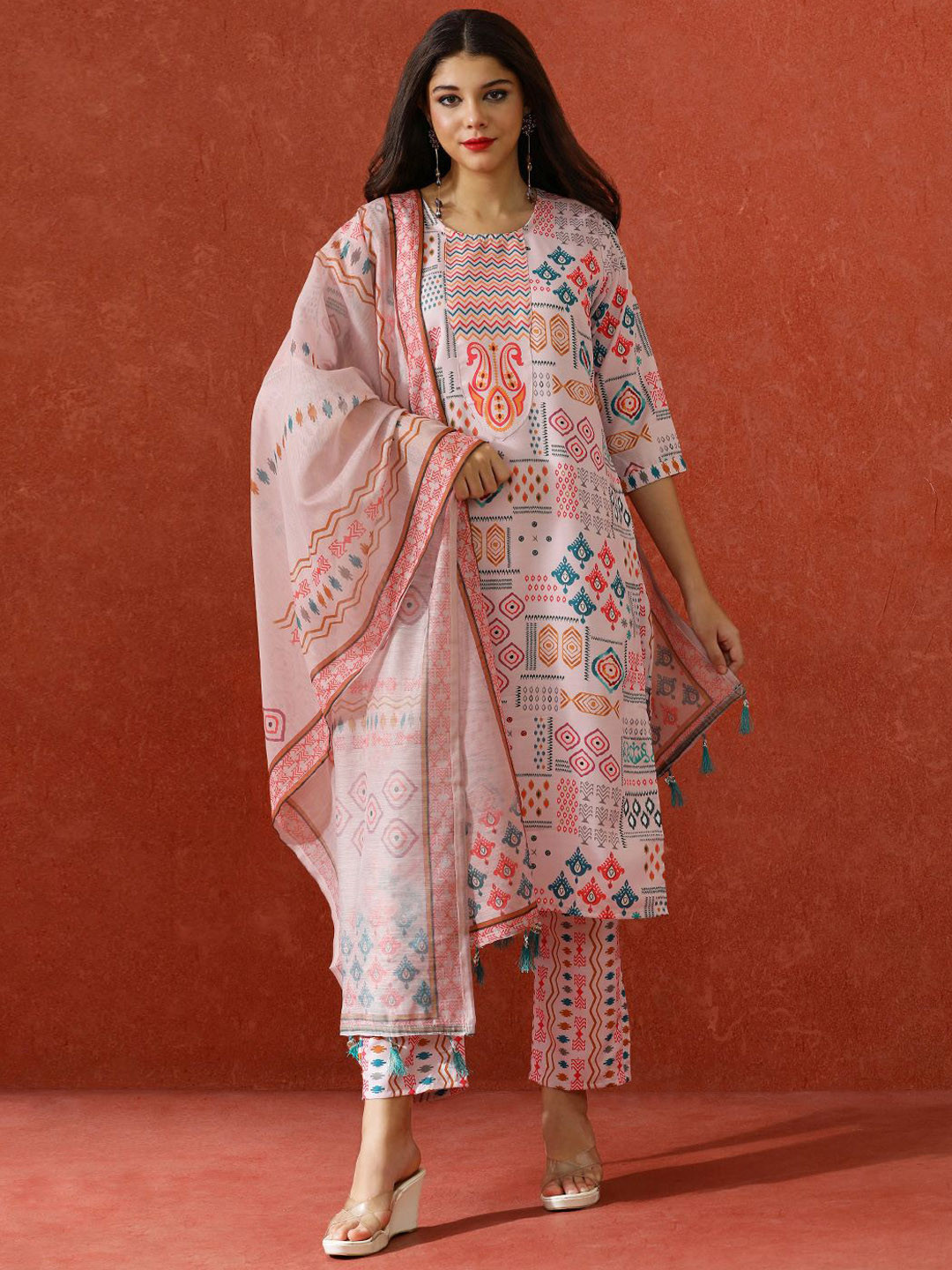 QSH Geometric Printed A-Line Festive Kurta & Trousers With Dupatta