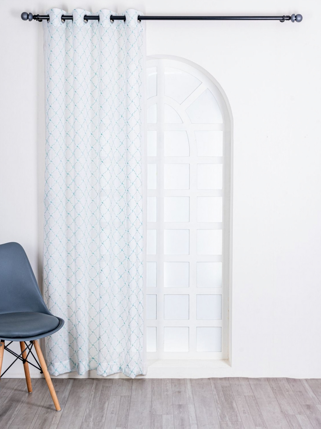 Parda Online White & Turquoise Blue 2 Pieces Geometric Printed Linen Long Door Curtains