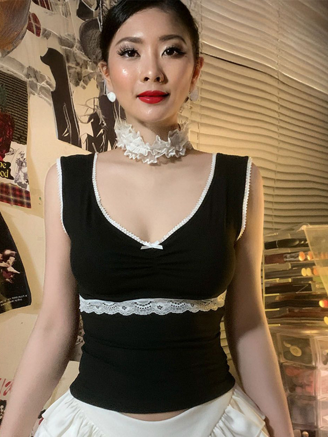 StyleCast Women V-Neck Lace Inserts Crop Tank Top