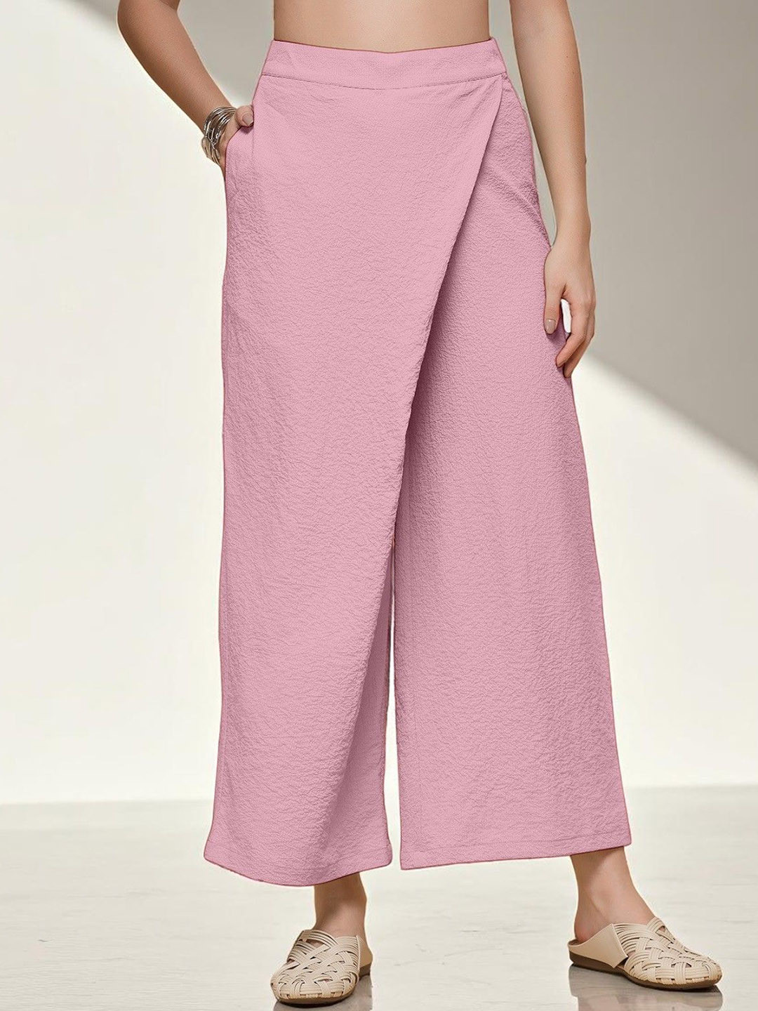 Lavender Textured High-Rise Wide Leg Trousers