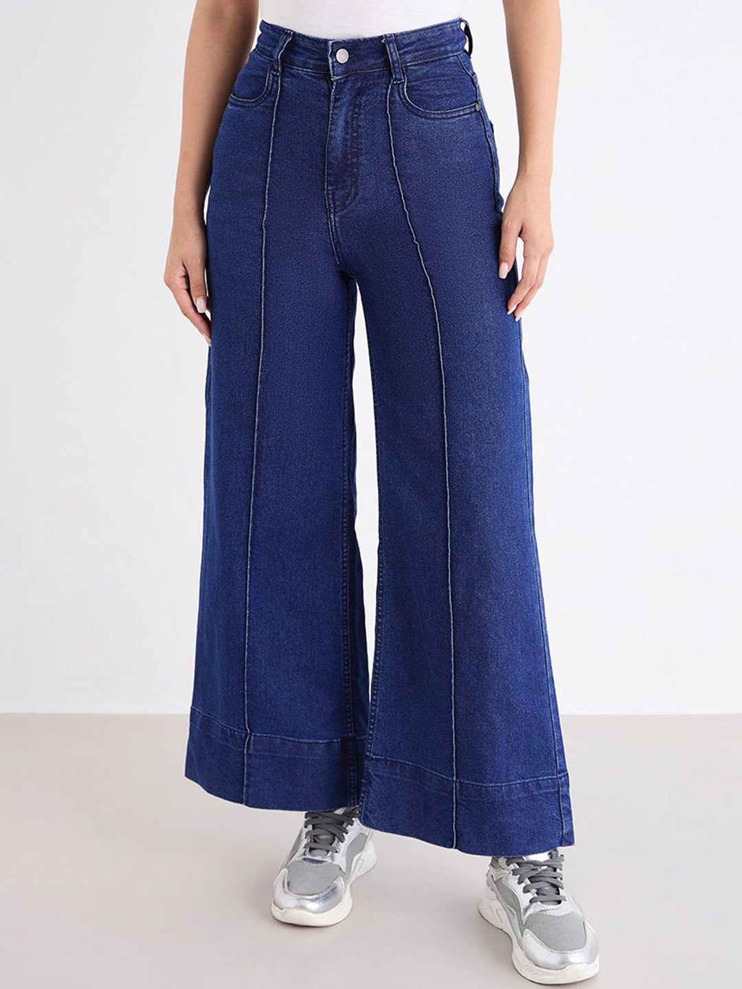 Styli Women Wide Leg High-Rise Pintuck Hem Fold Detail Stretchable Jeans