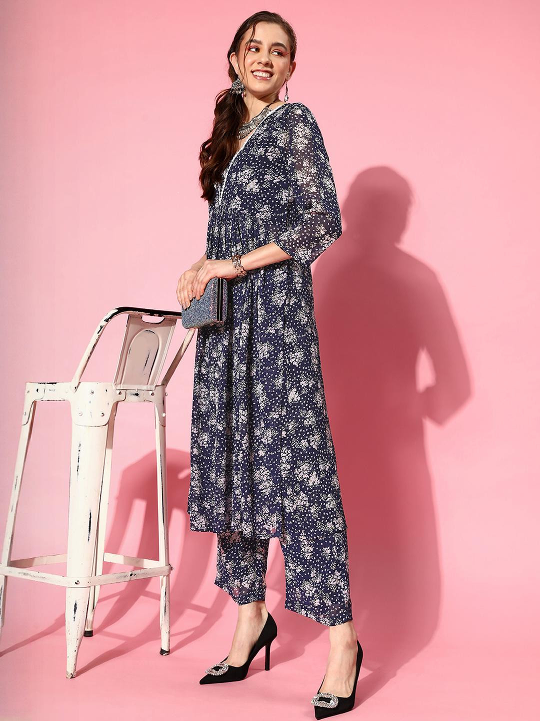 KSUT Navy Blue Silk Georgette Kurta Sets