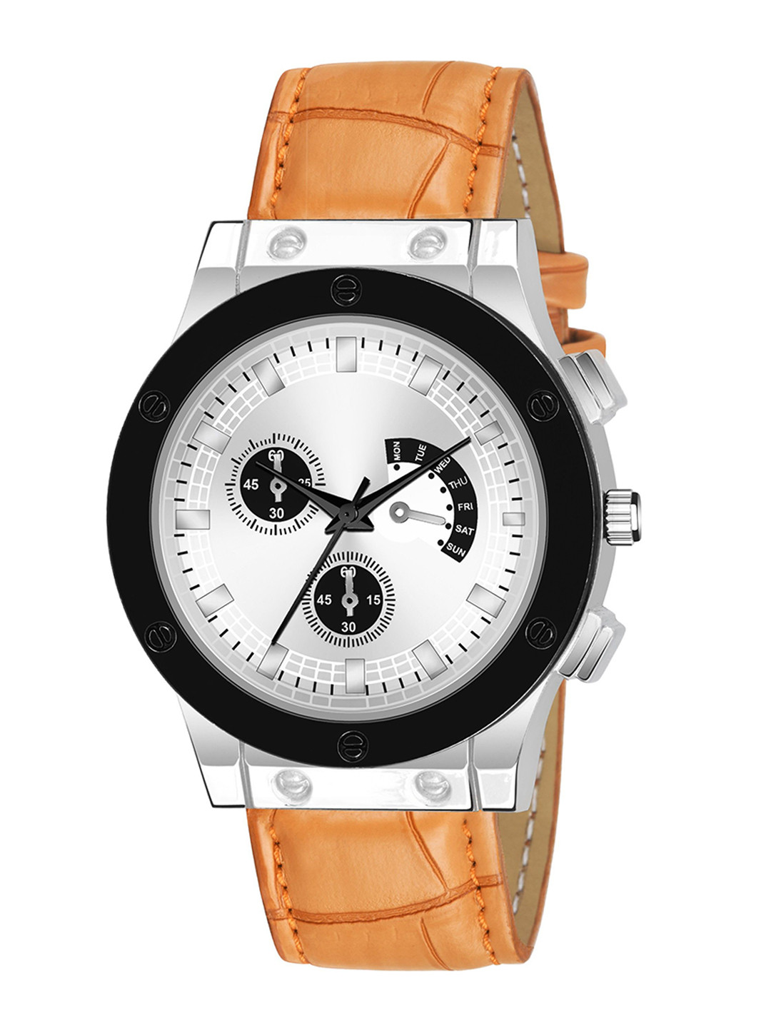 CSAMON Men Embellished Dial & Leather Textured Straps Analogue Watch Csamon_21_Beige