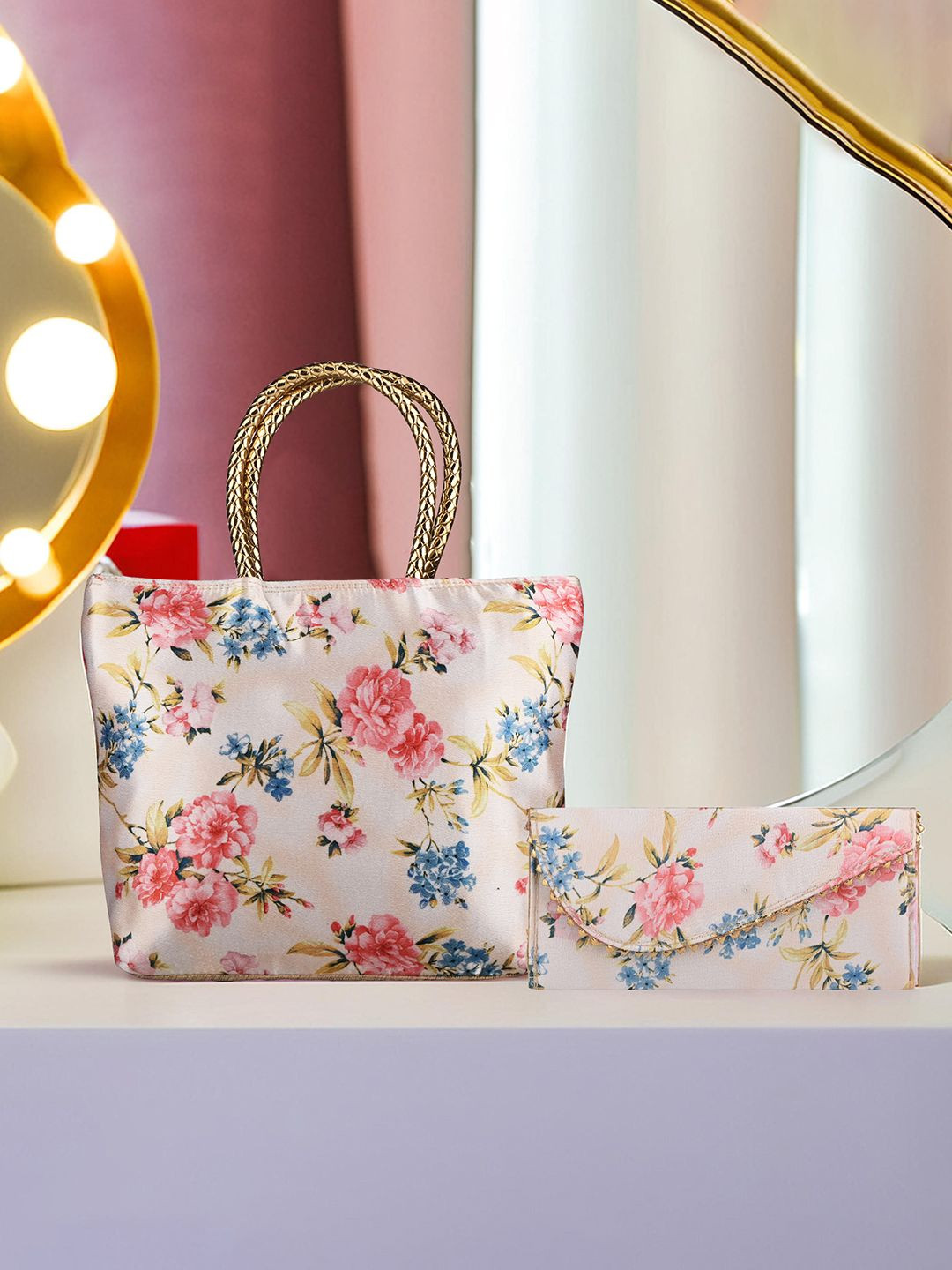 Kuber Industries Set Of 2 Floral Printed Structured Handheld Bag With Purse