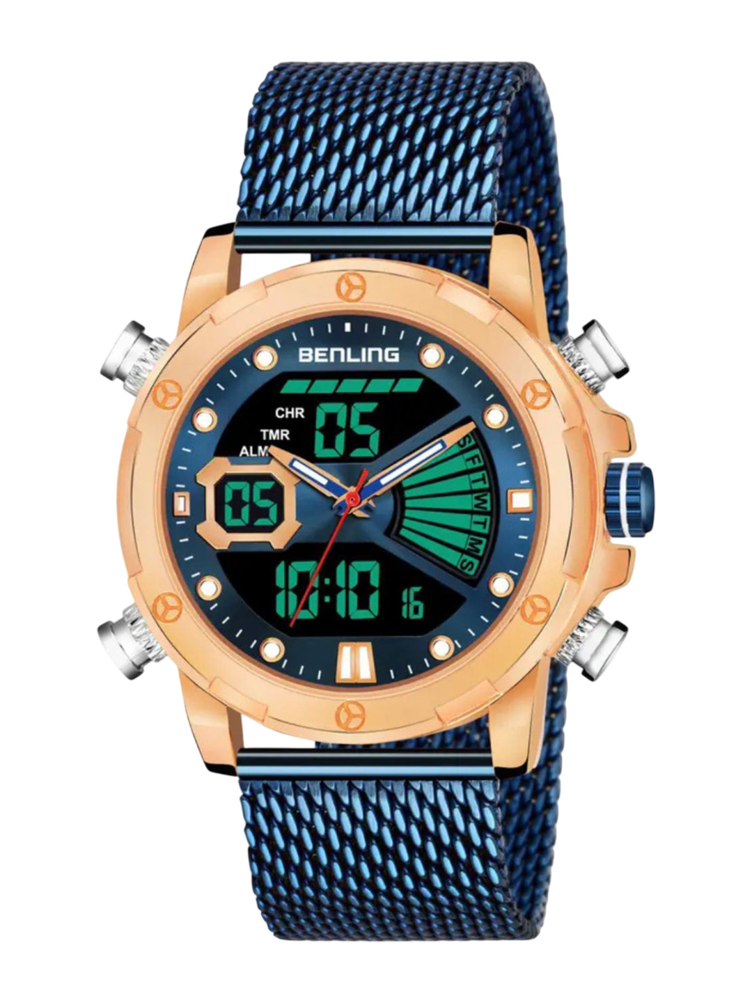 BENLING MenStainless Steel Wrap Around Straps Analogue and Digital Watch BL-1038-BLU