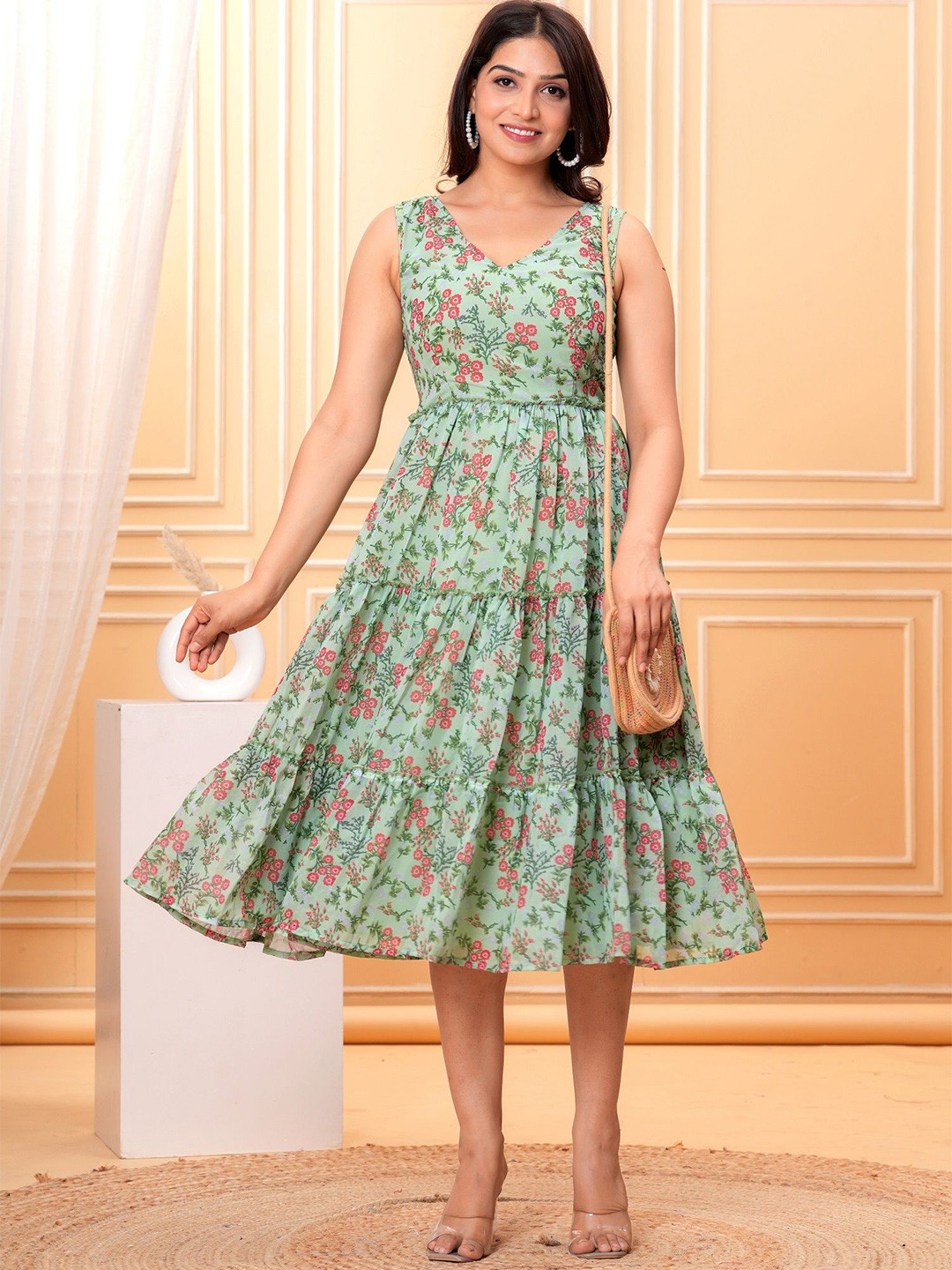 Bunai Dhaga Women Floral Printed Sleeveless Fit & Flare Midi Dress