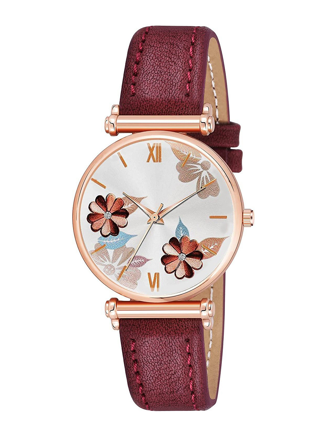 CSAMON Women Leather Straps Analogue Watch C34 RG Folis RED Maroon Leather_F