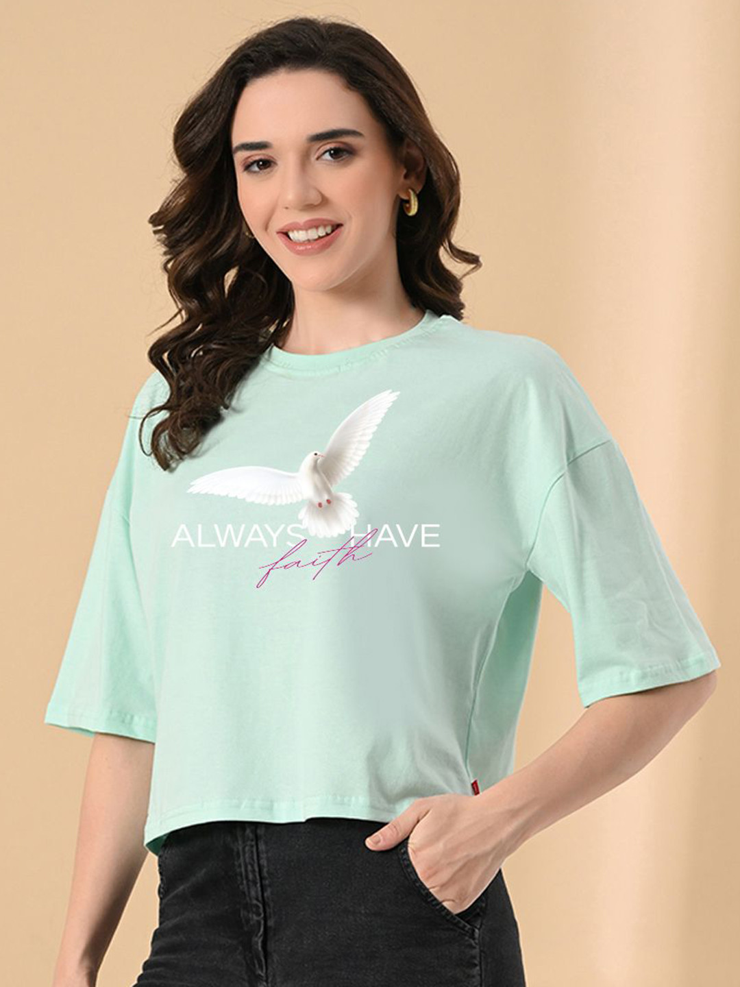 OWL MINK Women Printed Tropical Pure Cotton T-shirt