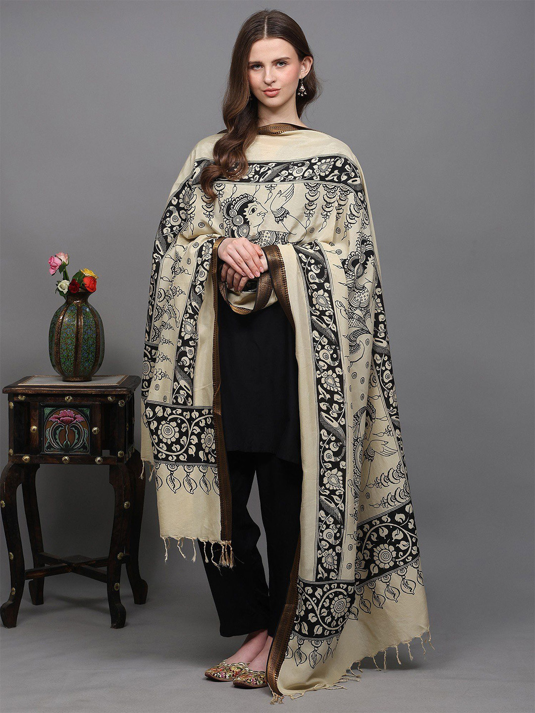 Exotic India Ethnic Motifs Printed Kalamkari Silk Dupatta From Telangana