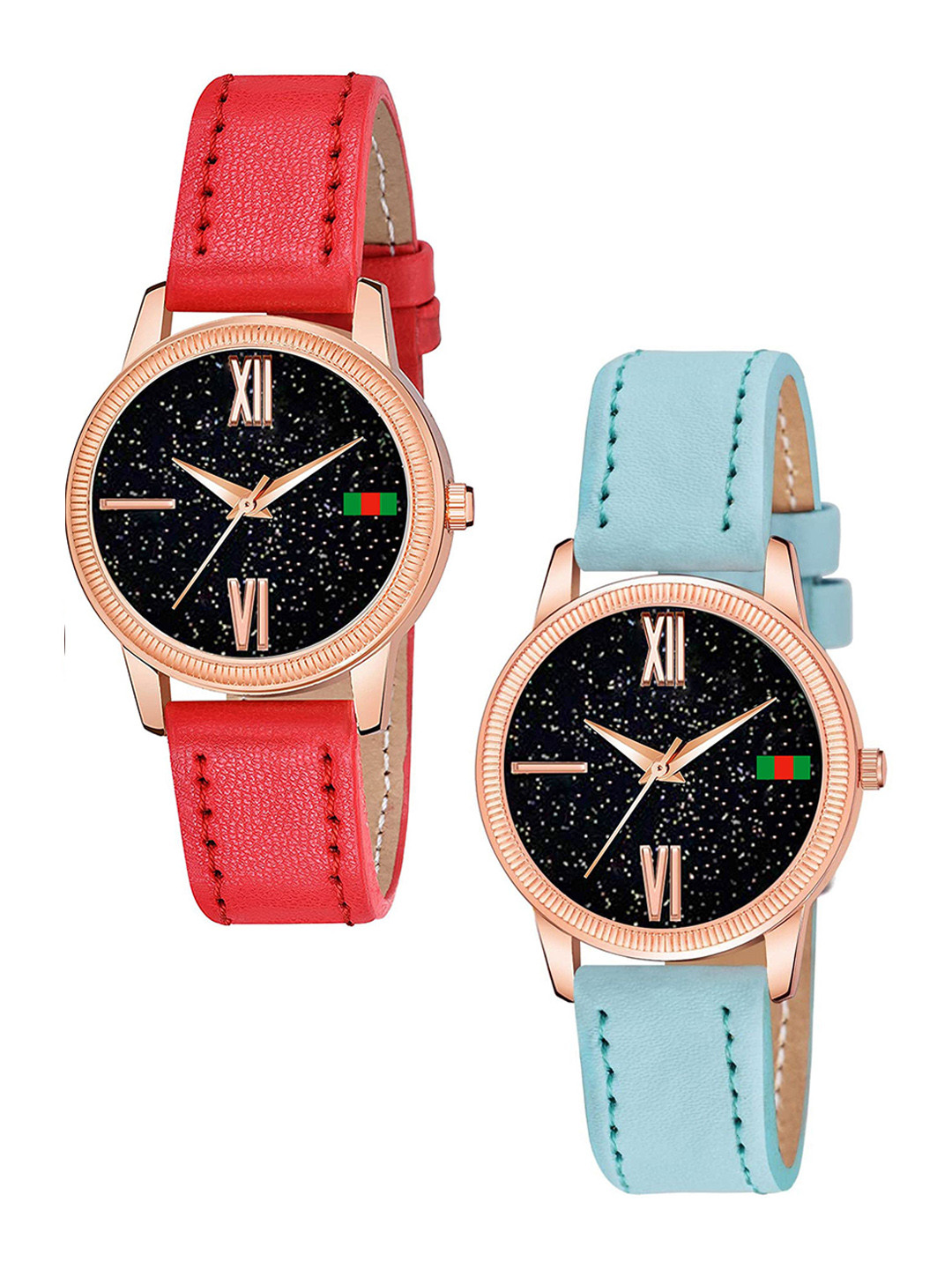 CSAMON Women Pack Of 2 Embellished Dial & Straps Analogue Watch C25RG Roman RED SKUBLU L