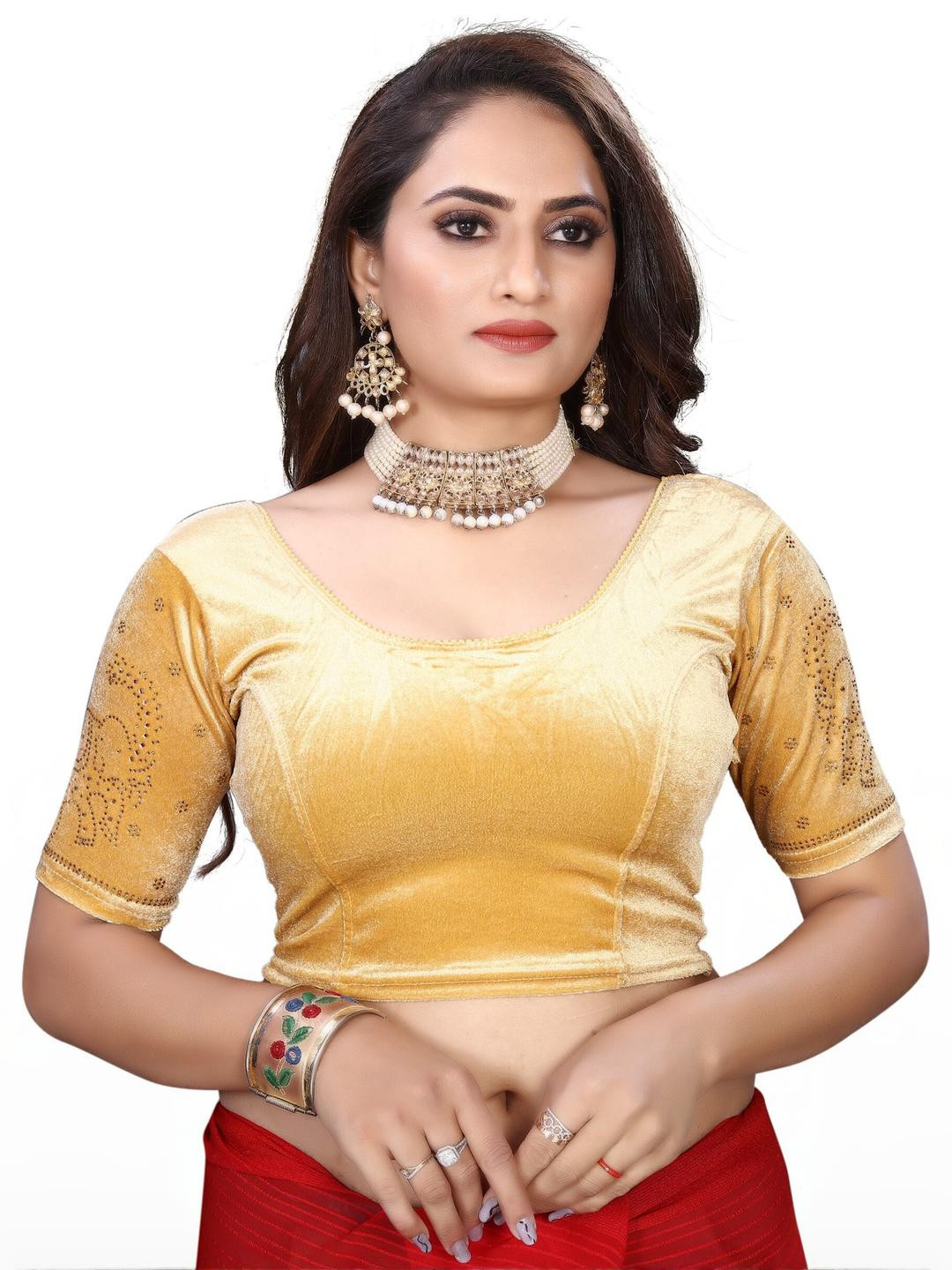 PU FASHION Women Gold Saree Blouse