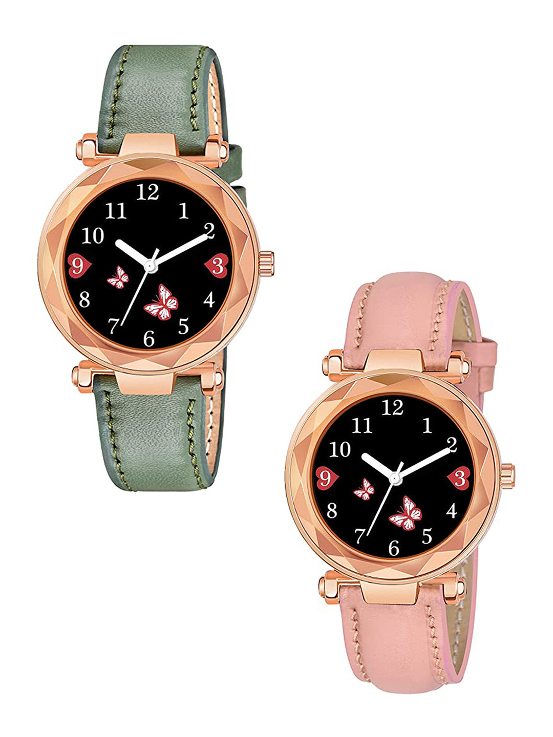 CSAMON Women Pack of 2 Dial & Straps Watch GR379RG BFly GRE PINK G L
