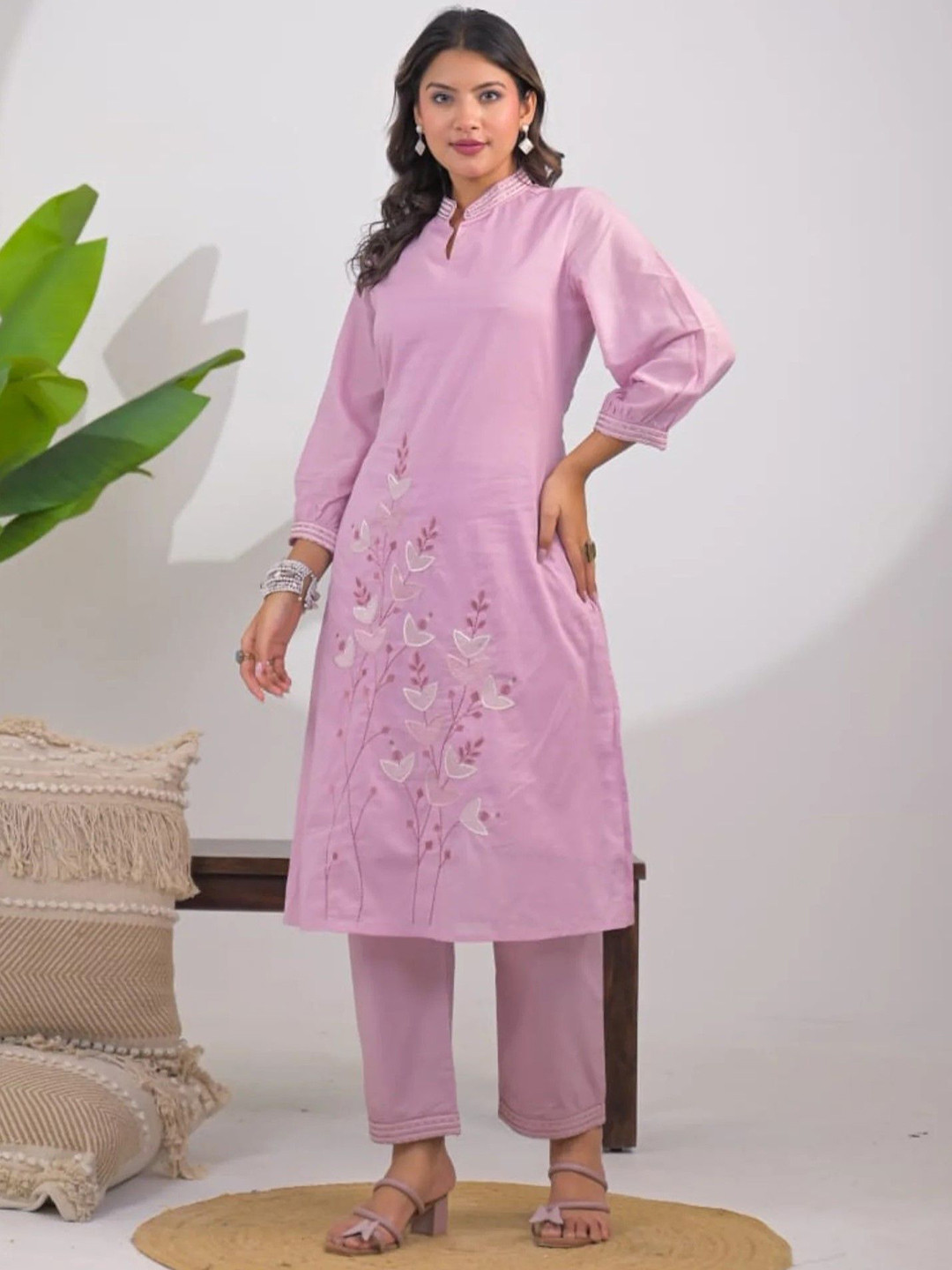 AUTUMN LANE Kara Iris Floral Embroidered Thread Work Pure Cotton Kurta With Trousers