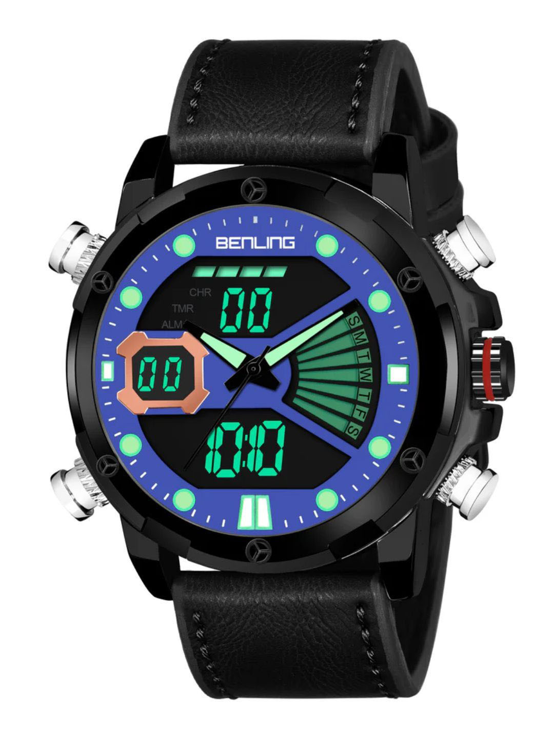 BENLING Men Dial & Leather Wrap Around Digital Watch BL-1020-BLKCASE-SQR-BLU-BLACK