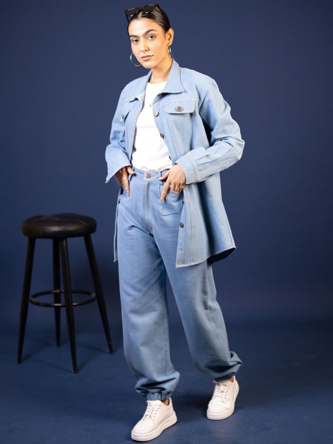THE BEHRUZ THEORY Shirt Collar Denim Oversized Jacket With Trousers