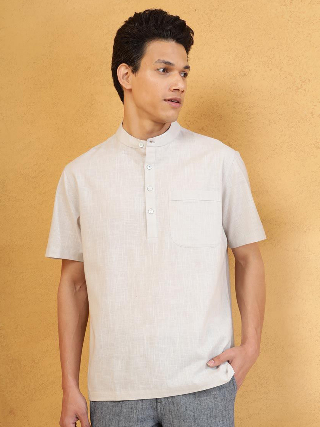 Fabindia Band Collar Short Sleeves Relaxed Fit Cotton Shirt