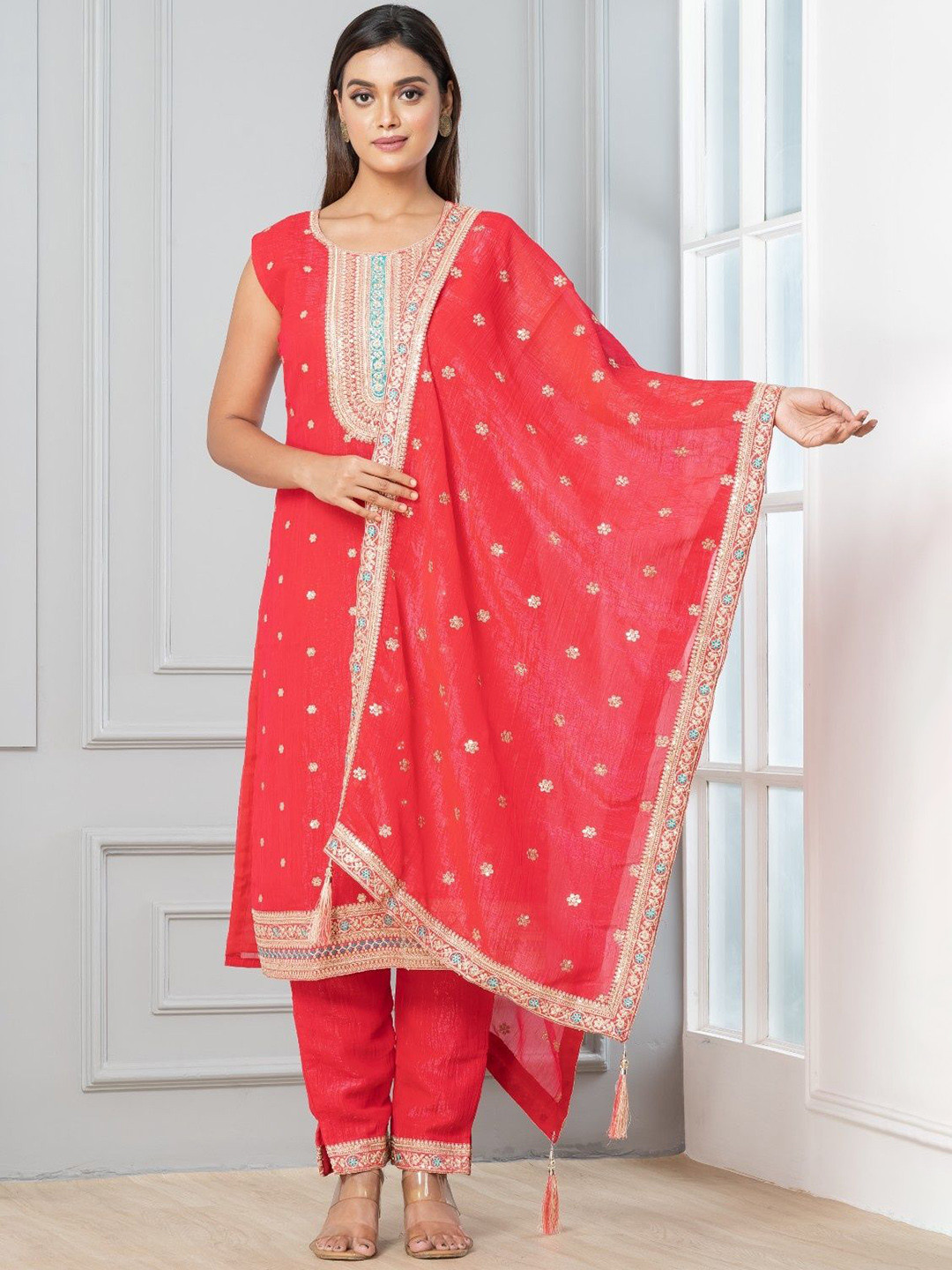 SHREE BALAJI Women Ethnic Motifs Embroidered Sequinned Kurta with Trousers &  Dupatta