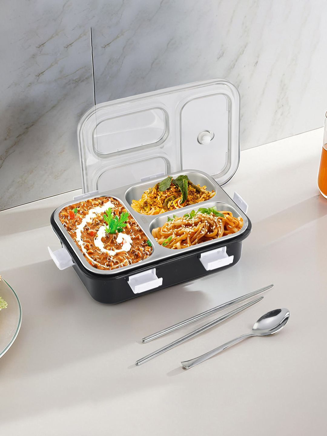 Kuber Industries Black & Steel 3 Compartment Lunch Box 750ml With Spoon & Chopsticks