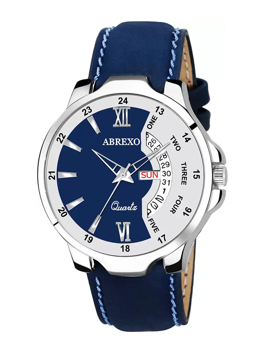 Abrexo Men Embellished Dial & Leather Straps Analogue Watches Abx2821-Blue Day & Date Strap Watch