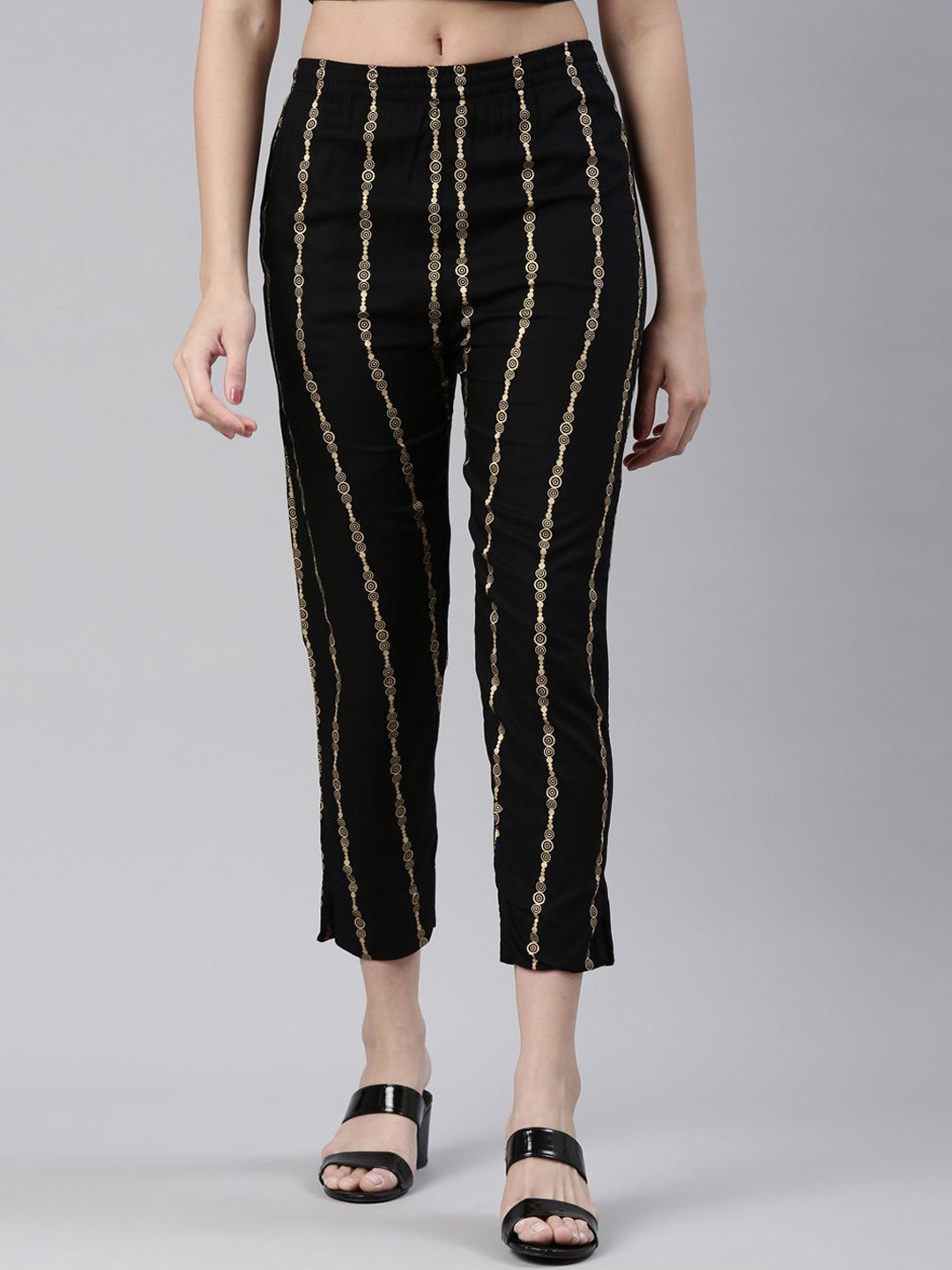 Esplendido Women Striped Pencil Slim Fit Mid-Rise Flat-Front Cigarette Trousers