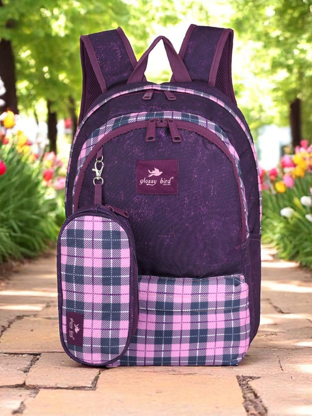 ECHOBOOMERS Unisex Check Water-Resistant Backpack with Pouch