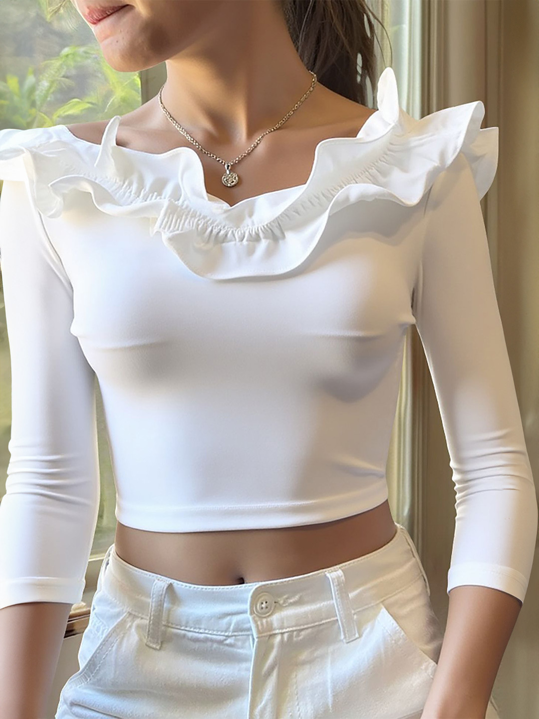 bebe White Ruffle Neck Fittted Crop Top