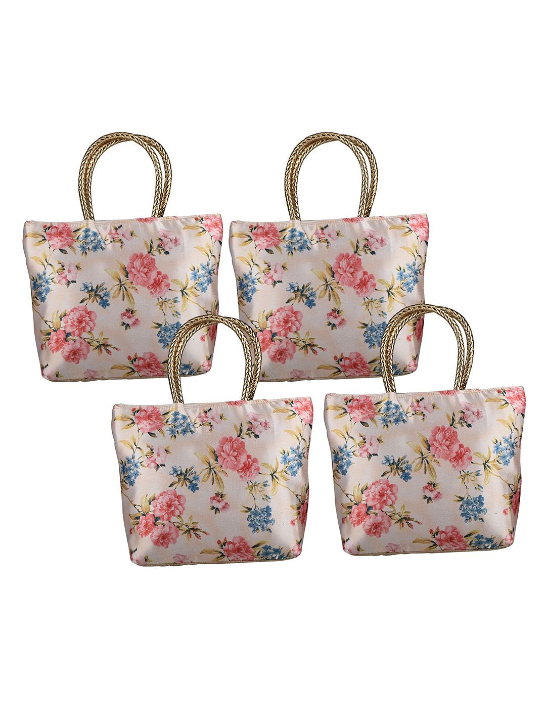 Kuber Industries 4-Pcs Floral Printed Silk Handle & 1 Outer Zip Pocket Small Handbags
