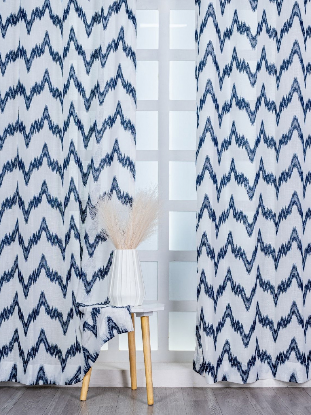 Parda Online White & Grey Set of 2 Abstract Printed Linen Sheer Long Door Curtain