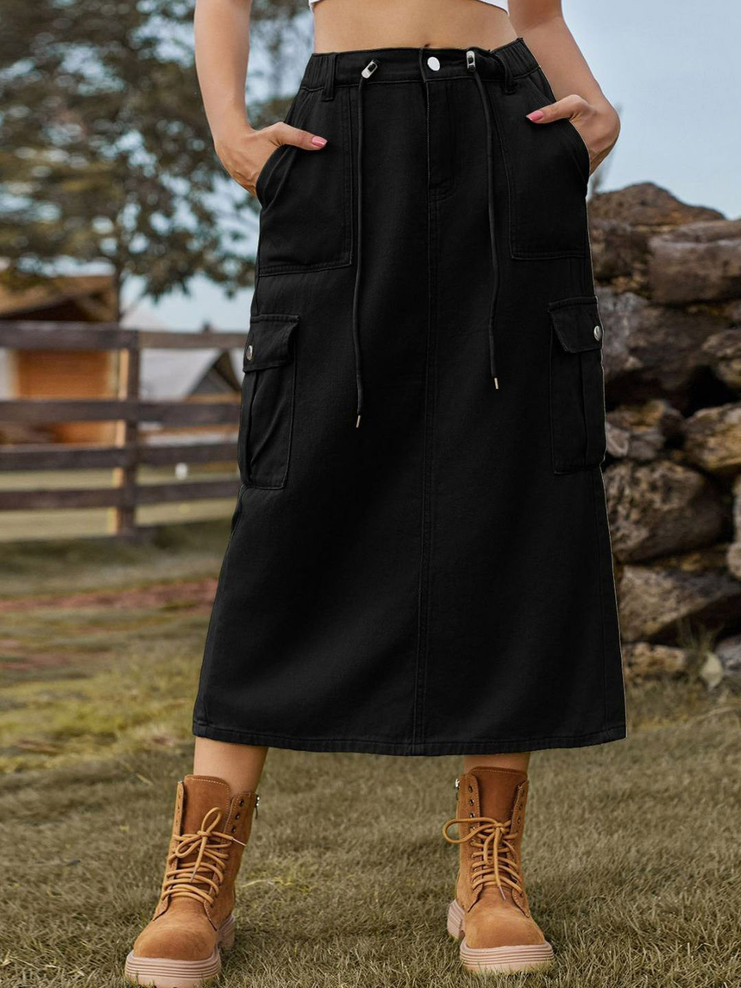 Oh Rare Women Straight Slits Detail Denim Midi Skirts