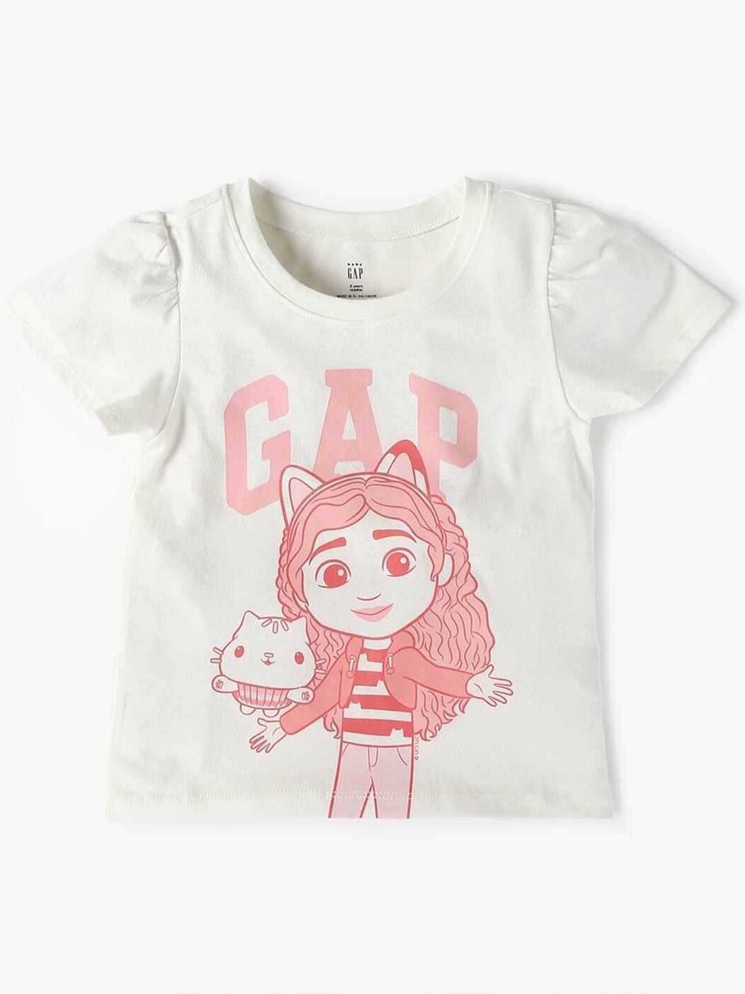 GAP Girls Graphic Printed Puff Sleeves Pure Cotton Relaxed Fit Tshirt
