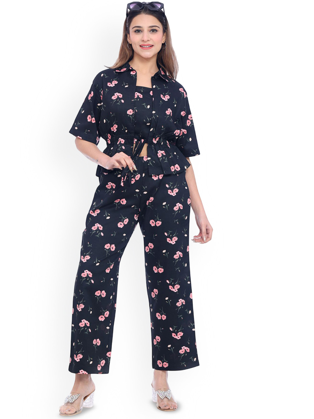 Moda Elementi Printed Pure Cotton Shirt Collar Neck Top Jacket With Trousers