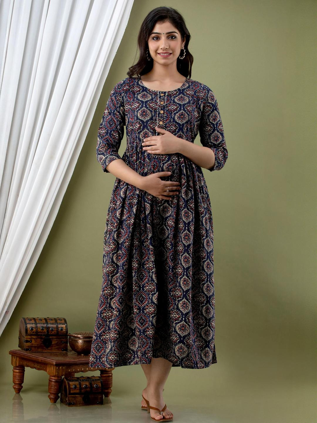 FASHION CLOUD Ethnic Motifs Print Maternity Fit & Flare Midi Dress